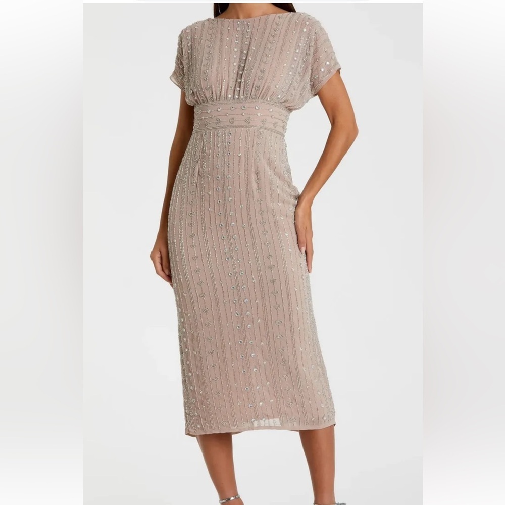 NEW Mac Duggal Beige Beaded Cap Sleeve Empire Waist Sheath Midi Dress